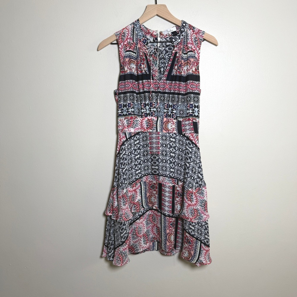 Parker Womens Silk Mixed Print Tiered Ruffle Mini Dress XS Multicolor Boho Event